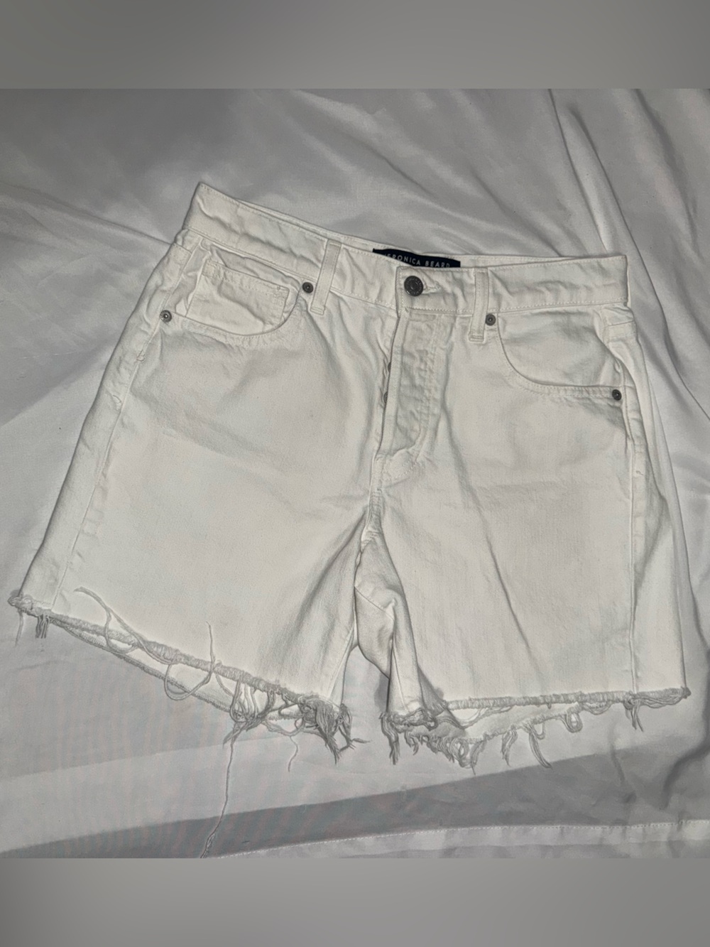 VERONICA BEARD White High-Rise Frayed Hem Women's Denim Shorts